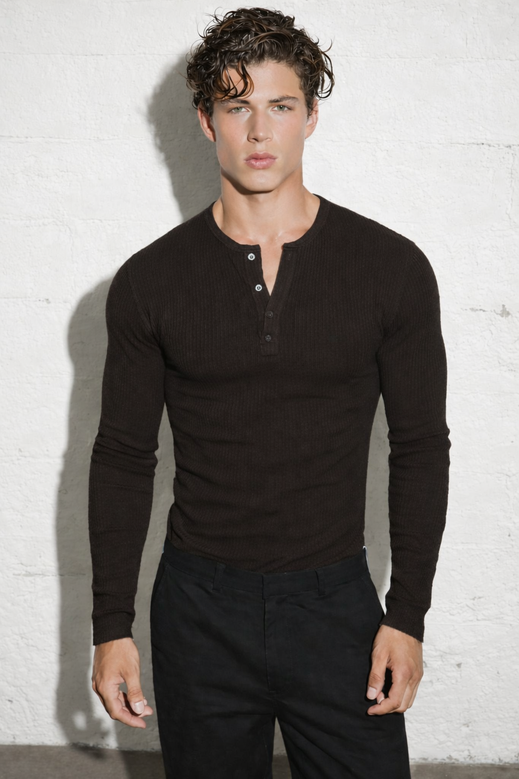 Slim Crop Henley Longsleeve in Brown 2