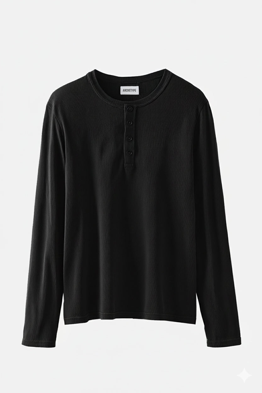 Black long-sleeve henley shirt on a white background