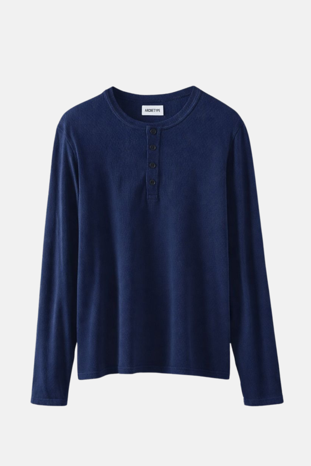 Navy blue long-sleeve shirt on a light gray background